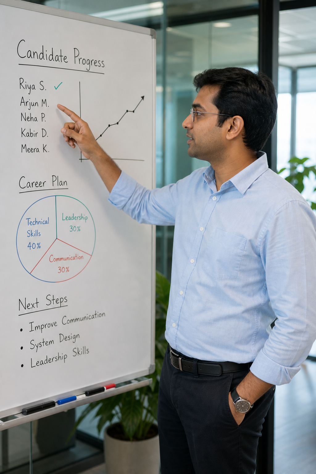 Career mentor reviewing candidate progress at a whiteboard